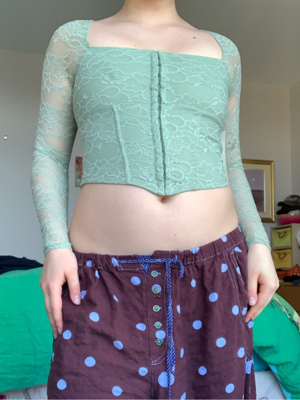 Madden Girl Green Lace Long Sleeve Corset Top